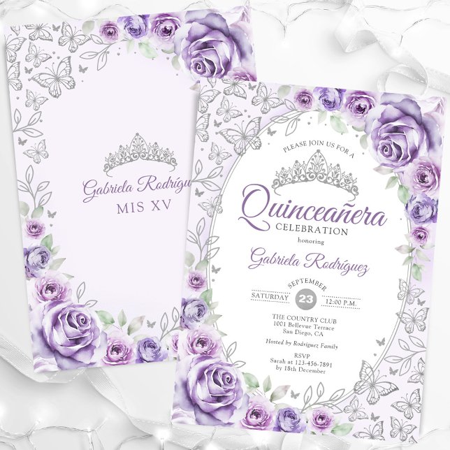 Convites Liloxo Purple Silver Quinceanera Floral (Criador carregado)