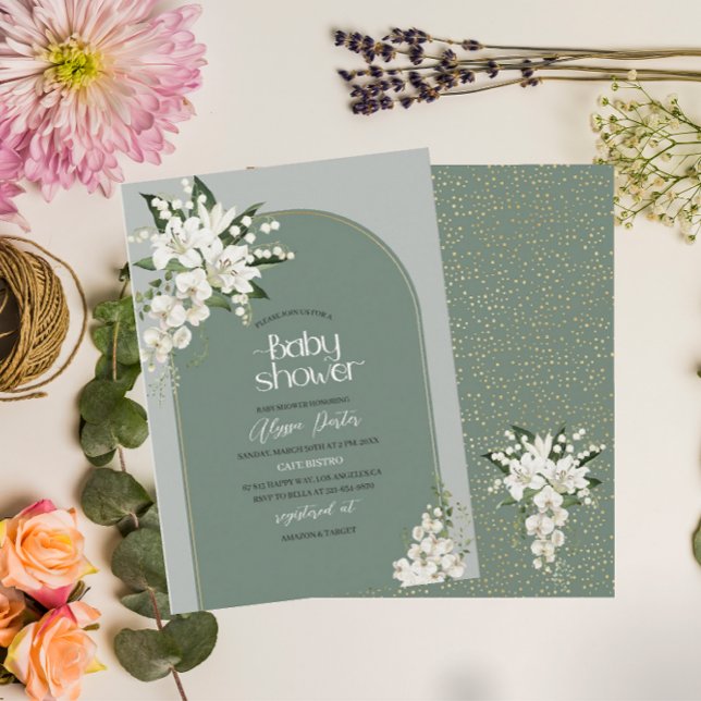 Convites Lily branca e fundo verde Bebê Sh (Criador carregado)