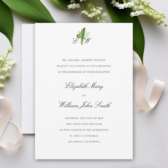 Convites Lily de Valley Monograma Formal Traditional Weddin (lily of the valley wedding invitation formal traditional calligraphy monograms art unique original)