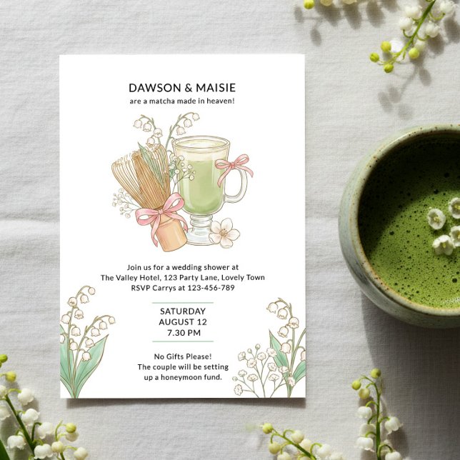 Convites Lily of Valley Matcha Feito no Céu Chuveiro de Cas (Matcha made in Heaven couples wedding shower with matcha, pink bows and lily of the valley)