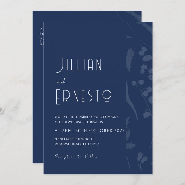Convites Lily of Valley | Sólido azul profundo com borda de (Frente/Verso)