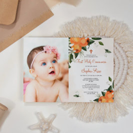 Convites Lily & Orange Floral Foto Primeira Comunhão Santa