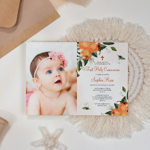 Convites Lily & Orange Floral Foto Primeira Comunhão Santa