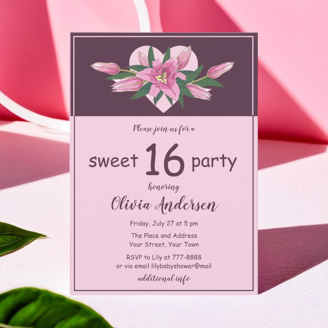 Convites Lily Sweet, Festa Sessenta, Rosa Blooming (Pink Blooming Lily Sweet Sixteen Party Invitation)