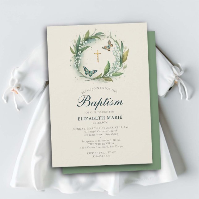 Convites Lily Valley Borboletas Douradas Cross Girl Baptism (lily valley baptism christening invitation girl elegant floral frame wreath butterflies sweet classy)