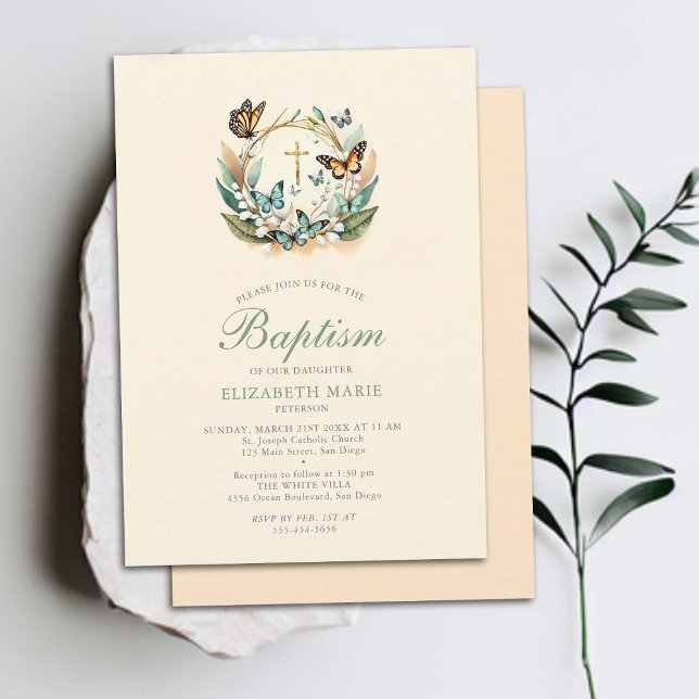Convites Lily Valley Butterflies Cross Wreath Girl Baptism (butterfly baptism invitation lily valley elegant formal modern classic whimsical magical floral gold)