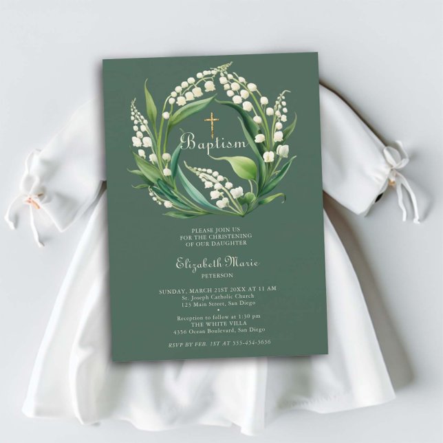 Convites Lily Valley Cross Wreath Sage Green Girl Batismo (baptism invitation lily of the valley floral wreath dark sage green elegant formal gold cross)