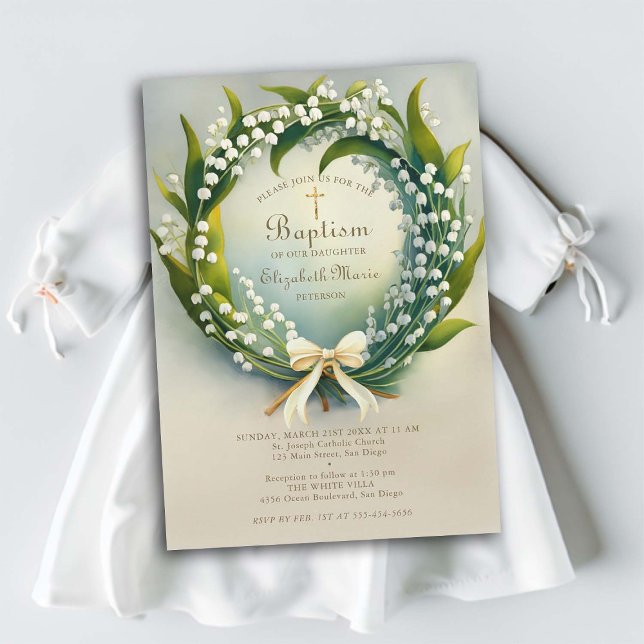 Convites Lily Valley Dourada Cross Wreath Arco Girl Baptism (girl baptism invitation christening lily of the valley wreath elegant formal classic sweet delicate )