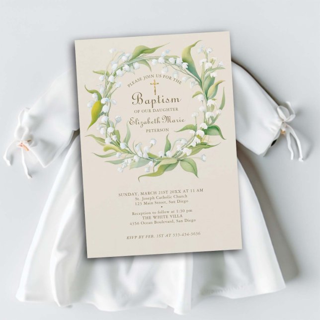 Convites Lily Valley Dourada Cross Wreath Formal Baptismo I (child baptism christening invitation lily of the valley wreath gold cross elegant simple classic)