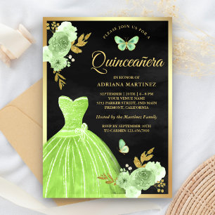 Convites Lima Verde Floral Borboleta Preto Dourado Quincean