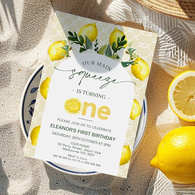 Convites Limão Amarelo Arch Nosso primeiro aniversario De A (Girls Our Main Squeeze 1st Birthday Invitation, Modern Main Squeeze First Birthday Invitation, Lemon)