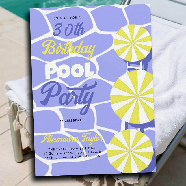 Convites Limão aniversário de 30 anos de Piscina de Verão (30th birthday party ideas for women pool umbrellas purple yellow personalized invitation summer fun)
