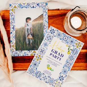 Convites Limão azulejos azuis italianos graduação em aquare