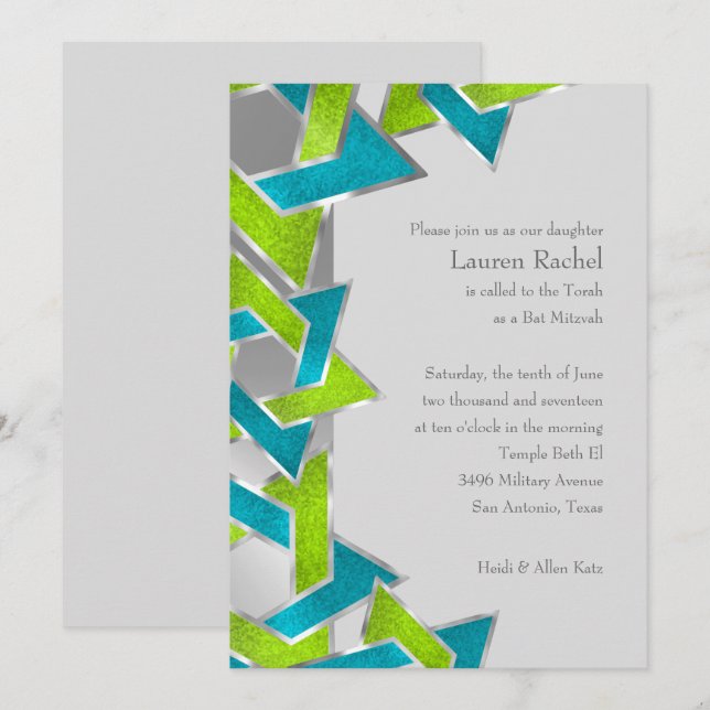 Convites Limão Bat Mitzvah Turquoise Star de David Any Colo (Frente/Verso)