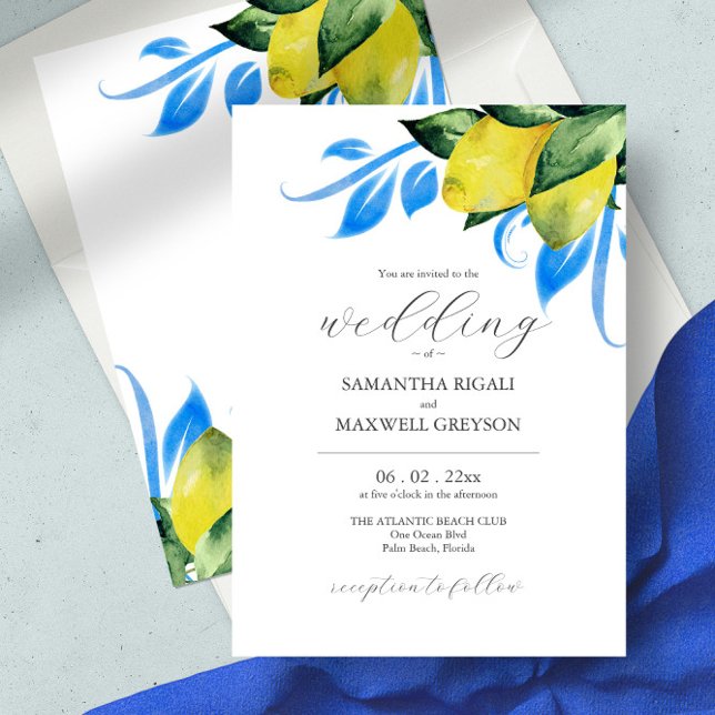 Convites Limão Botânico Elegante Watercolor (Italian wedding invitation yellow and blue watercolor lemons)