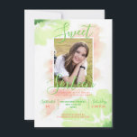 Convites Limão de aquarela, cor-de-água, cor-de-rosa, flanc<br><div class="desc">Design floral adorável de aquarela em cores verdes,  limões,  cor-de-pêssego. Doce Dezesseis em letras modernas. Personalize estes cartões de convite de aniversário com fotografia de uma rapariga,  fotografia. A parte traseira da placa tem o número 16 com o nome.</div>