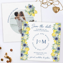 Convites Limão floral amarelo azul Salve a foto da data