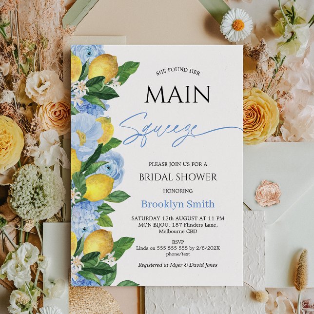 Convites Limão Floral Azul Moderno - Chá de panela (Lemon Bridal Shower Invitation Template, Blue Floral Lemon Bridal Shower, She Found her Main Squeeze)