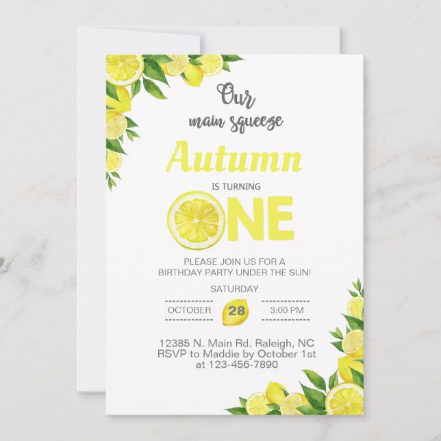 Convites Limão, limão, limão, 1rua de 1º aniversário. (Frente)