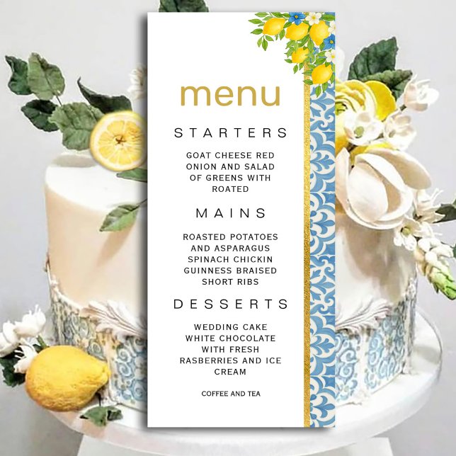 Convites Limão Mediterrâneo e Menu de Casamento de Azulejos (Mediterranean Lemon & Blue Tile Wedding Menu Invitation #zazzlemade #menuinvitation #dinner #lemon)
