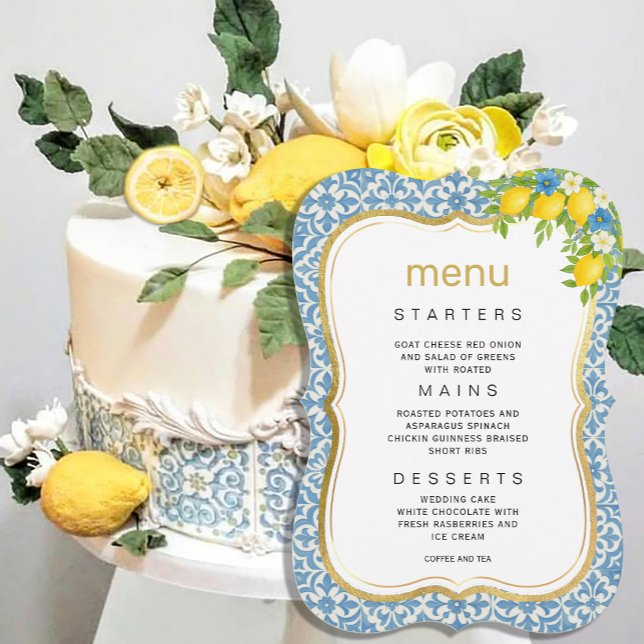 Convites Limão Mediterrâneo e Menu de Casamento de Azulejos (Mediterranean Lemon & Blue Tile Wedding Menu Invitation #zazzlemade #yellowandbluemenu #dinnerinvita)