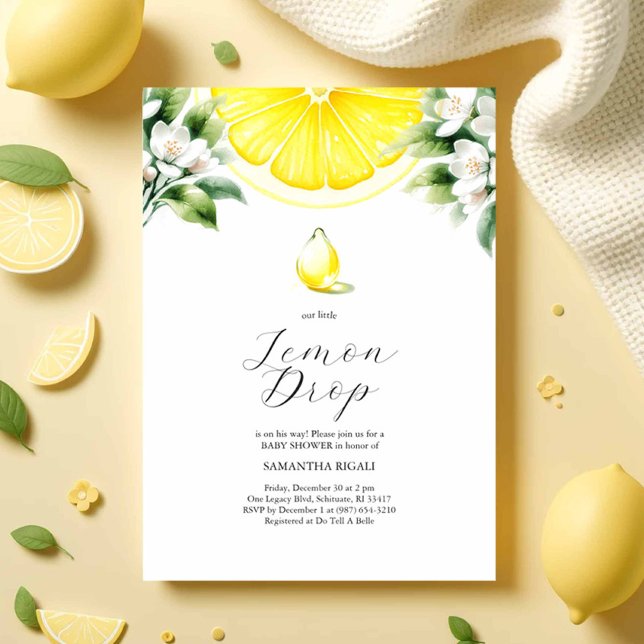 Convites Limão soltar Tema Bebê Invasões (lemon baby shower invitations features watercolor lemons and a drop for a citrus themed party)