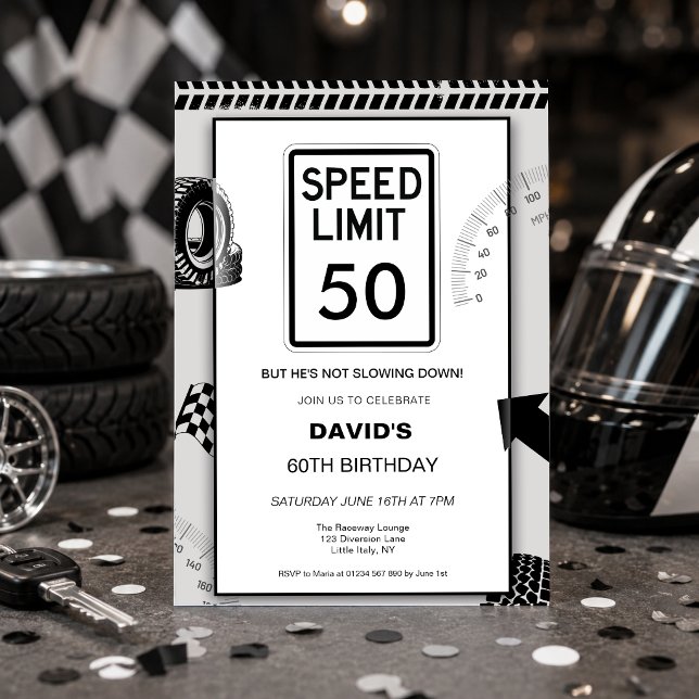 Convites Limite de Velocidade 50º Aniversário  (Man's 50th birthday speed limit birthday party invitation motoring theme
)