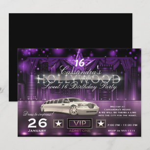 Convites Limo Luzes da Cidade Roxo e Prata Festa de Hollywo