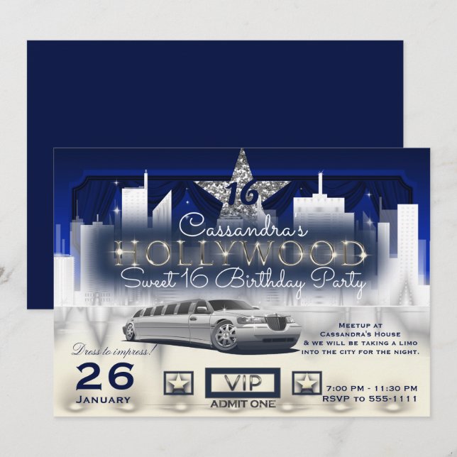 Convites Limo Luzes Noturnas da Cidade Prateada Azul Festa  (Frente/Verso)