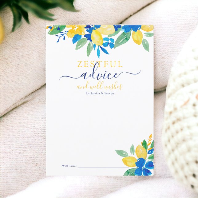Convites Limões amarelos azuis, cor d'água floral, conselho (Blue yellow lemons floral watercolor bridal advice card invitation)