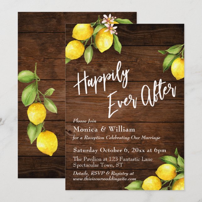 Convites Limões Aquarela de Madeira Rústica Felizes para Se (Frente/Verso)