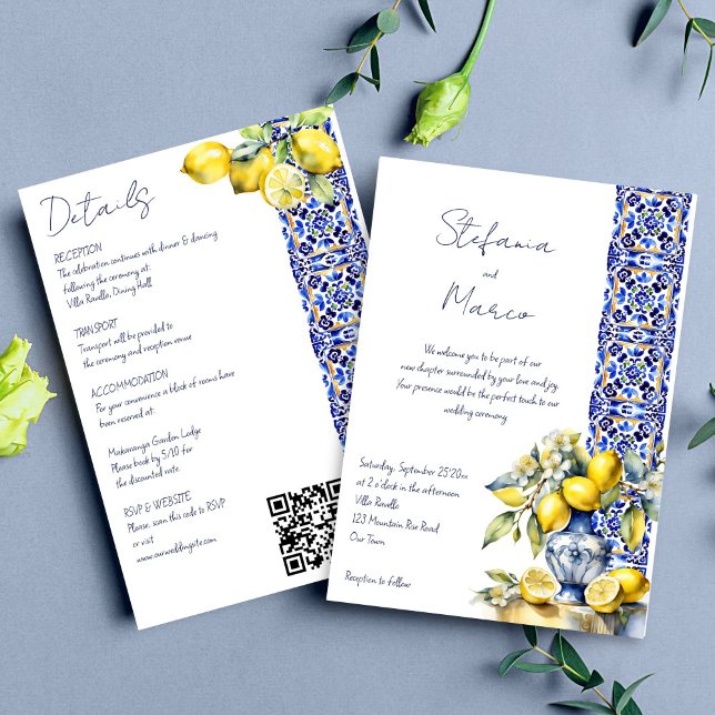Convites Limões azuis italianos do azulejo Amalfi, todos nu (Amalfi Italian blue tiles lemons all in one wedding Invitation editable template digital download )