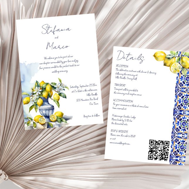 Convites Limões azuis italianos do azulejo Amalfi, todos nu (Amalfi Italian blue tiles lemons all in one wedding Invitation template instant download)