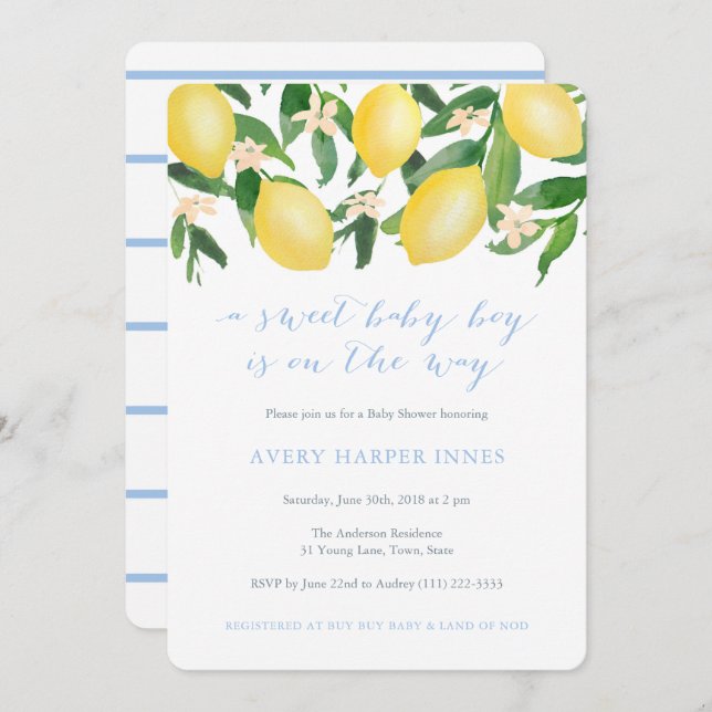 Convites Limões Chá de fraldas de Molho Azul-Doce (Frente/Verso)