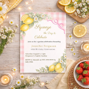 Convites Limões cítrico xadrez rosa verão jardim aniversári