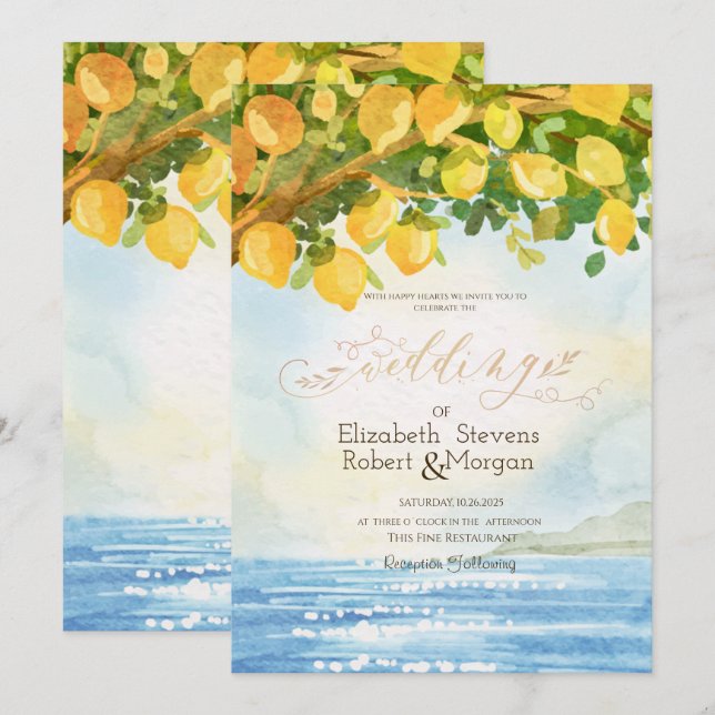 Convites Limões de Aquarela Casamento no Oceano (Frente/Verso)