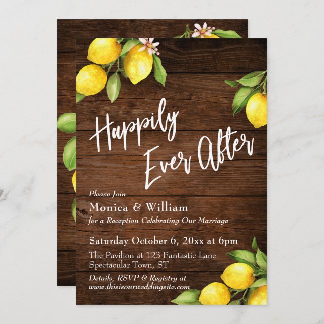 Convites Limões De Aquarela De Madeira Rústica Felizmente D (Frente/Verso)