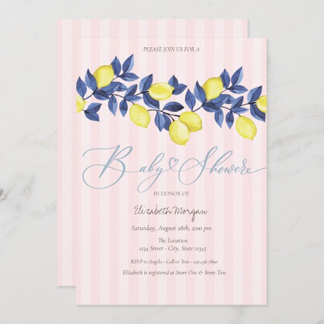 Convites Limões de Aquarelas Chá de fraldas em estilhaço co (Frente/Verso)
