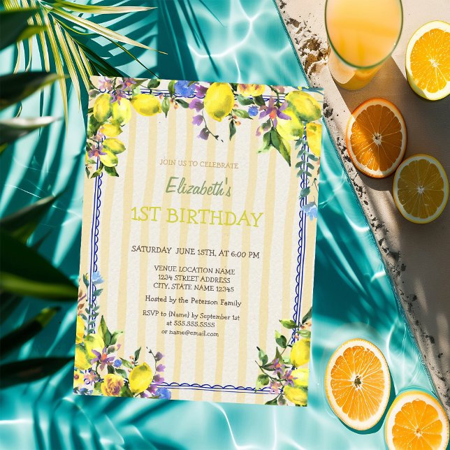 Convites Limões de Aquarelas Flores Amarelas Stripes Aniver (Criador carregado)