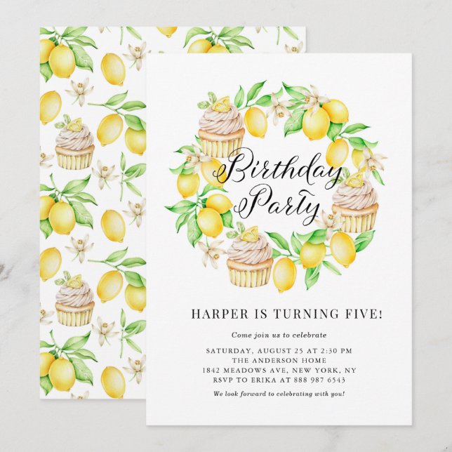 Convites Limões e Cupcakes de limão Festa de aniversário de (Frente/Verso)