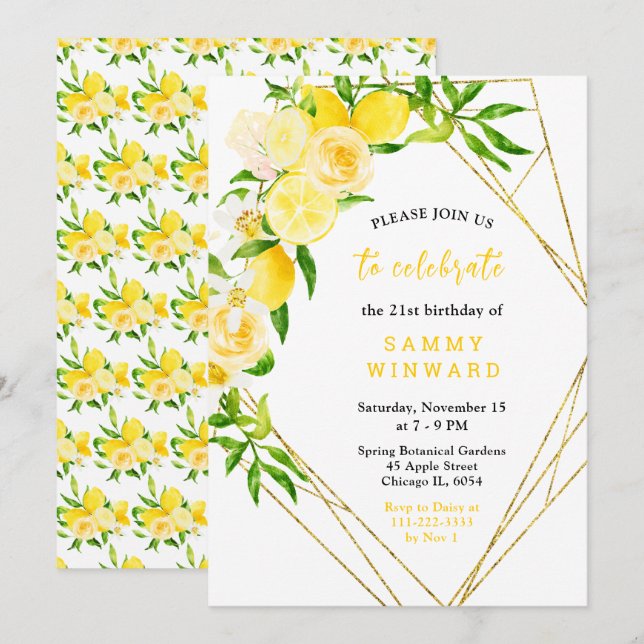 Convites Limões e Flores com Folhagem de Aniversário (Frente/Verso)