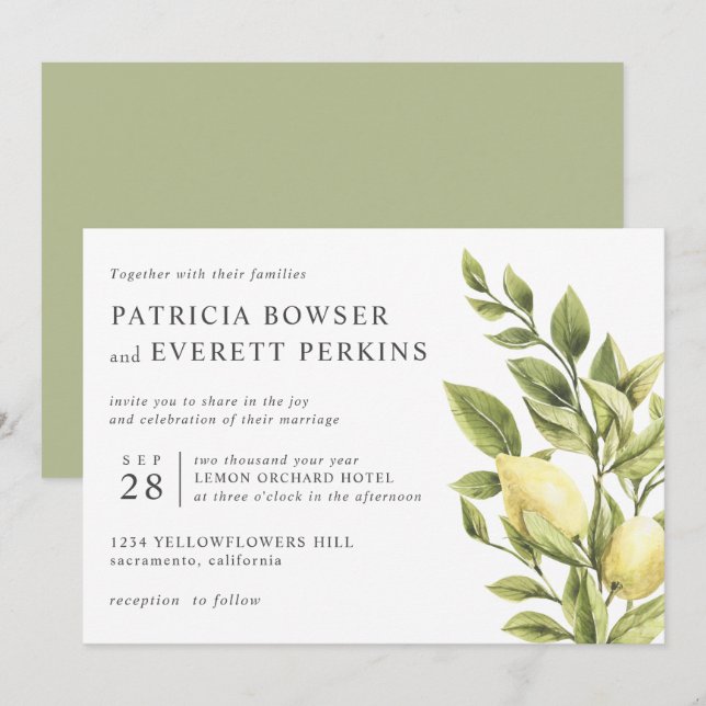 Convites Limões e folhas: casamento botânico com aquarela (Frente/Verso)