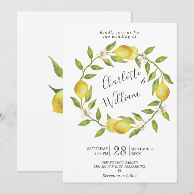 Convites Limões Florescem Verdura Casamento Aquarela (Frente/Verso)