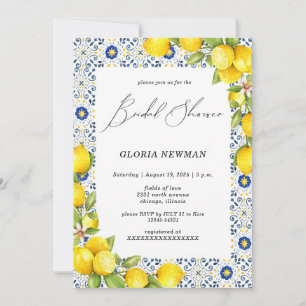 Convites Limões românticos e Chá de panela de Azulejos azui