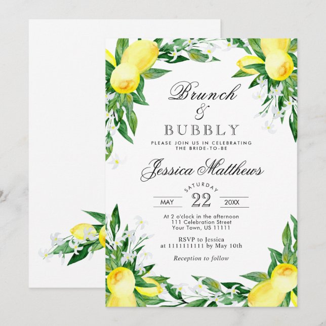 Convites Limões Verdura Flor Brunch & Bubbly (Frente/Verso)