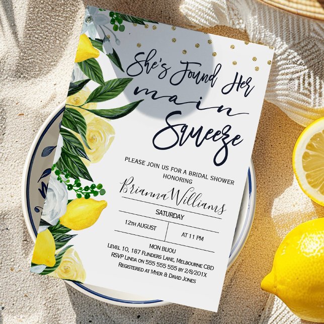 Convites Limon Floral Main Squeze Chá de panela (Modern She found Her Main Squeeze Bridal Shower Invitation, Floral and Lemons Main Squeeze Bridal)