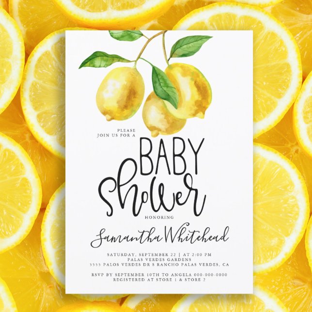 Convites Limon Watercolor Chá de fraldas (Lemon Drop Watercolor baby shower summer citrus invitation. Elegant typography on fruit invite.)