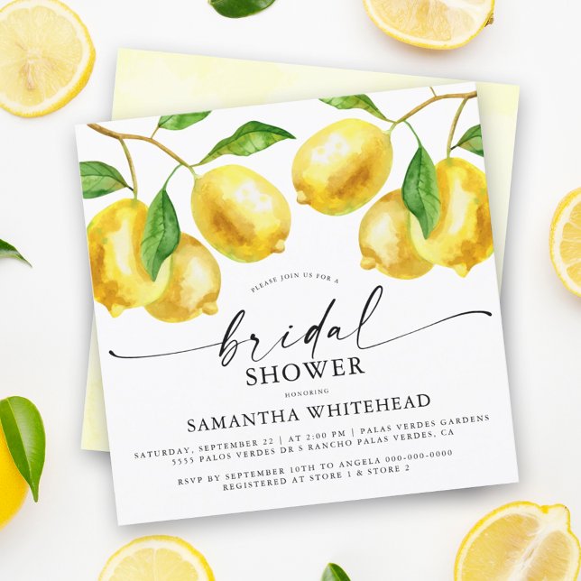 Convites Limon Watercolor Chá de panela (This playful and elegant bridal shower invitation features bright and cheerful lemon design.)
