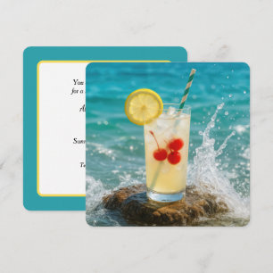 Convites Limonada de Aniversário Bebendo em uma Praia Rock