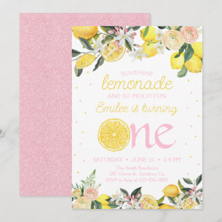 Convites Limonada Rosa Floral Primeiro Aniversário Sol